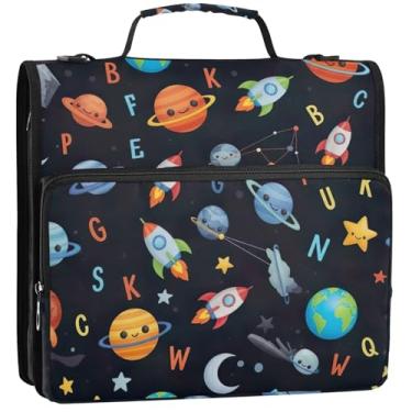 Imagem de Fichários fofos de desenhos animados de planetas de 3,8 cm, 3 anéis, organizador de fichário de ensino médio, bolsa para fichário de ensino médio com alça, comporta 500 folhas, 34,5 x 31,5 x 9 cm