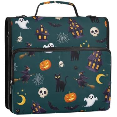Imagem de Funny Spooky House Organizador de fichário de Halloween impresso com zíper com 3 argolas de 3 cm D bolsa de fichário com alça para escola, vários bolsos, pasta grande, 34,5 x 31,5 x 9 cm