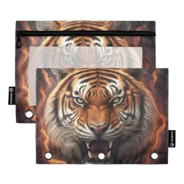 Imagem de Estojo de lápis arco-íris com 3 anéis para fichário com estampa de tigre feroz brilhante para fichário com zíper para lápis caneta, fichários escolares bolsos transparentes macios 25 x 18 cm, 2