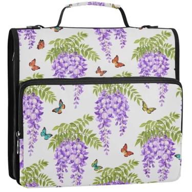 Imagem de Organizador de fichário com zíper, estampa de flores roxas, fichários de 3 anéis, bolsa grande com alça para escola, vários bolsos, pasta grande para portfólio, 34,5 x 31,5 x 9 cm