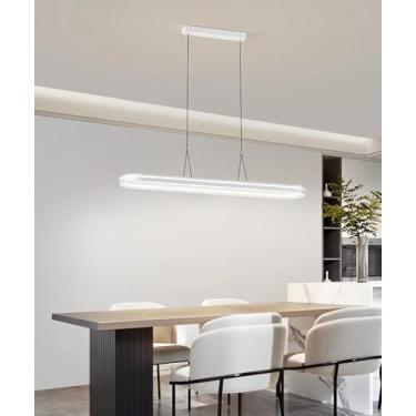 Imagem de Lustre de teto moderno com LED, dimerizável, com controle remoto (altura ajustável), emissão de luz 360°, acabamento em galvanoplastia, ideal para sala de jantar ou bar (branco, 100 cm).