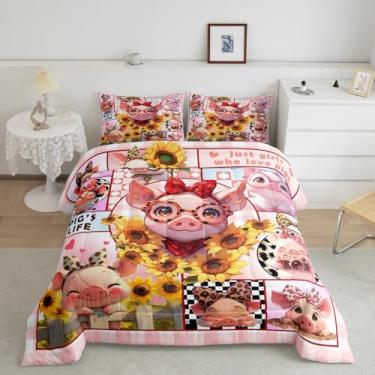 Imagem de Conjunto de edredom solteiro de porco de girassol, desenho de porquinho rosa para decoração de quarto de crianças, meninas, mulheres, conjunto de colcha com laço de leopardo com estampa de amor, 2