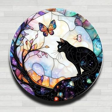 Imagem de Placa de parede redonda de metal de alumínio rústico vintage gato preto e borboleta com vitral, 20 cm, presentes e decoração para casa, escritório, café e quintal