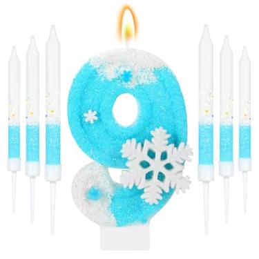Imagem de IDIJOLI Conjunto de velas de aniversário Blue Frozen, floco de neve, branco, número 9, topos de cupcake, tema de inverno, decorações de festa de aniversário de 9 anos, comemorações, suprimentos