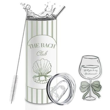 Imagem de BUZCOZY Cartão de pedido de dama de honra e conjunto de copo de 590 ml, copo isolado para despedida de solteira The Bach Club com canudo e tampa, presente Will You Be My Bridesmaid para chá de panela