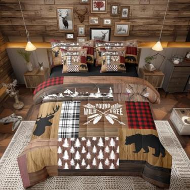 Imagem de Erosebridal Conjunto de edredom retrô de 7 peças, tamanho solteiro, casa de fazenda, urso, cervo, floresta, animal, caça, vida selvagem, patchwork, xadrez, lençol para crianças, adolescentes e adultos