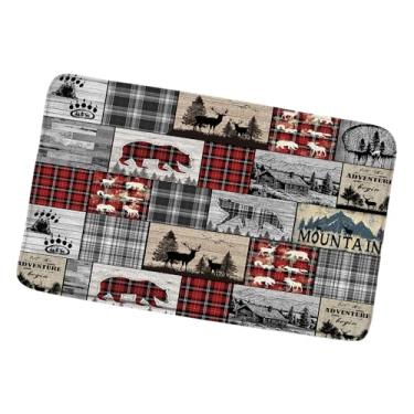 Imagem de Tapete de banho rústico para cabana de caça, urso, veado, lobo, floresta, animal selvagem, vermelho, preto, búfalo, xadrez, aventura, acampamento, casa de fazenda, campo, vintage, tapete de banheiro