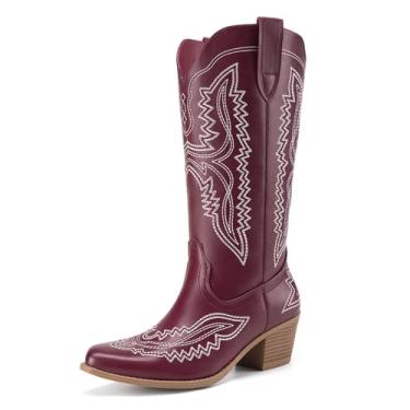 Imagem de Athlefit Botas femininas de caubói de bico quadrado, salto baixo grosso, bordado, cano médio, botas para shows country, Vermelho, 40