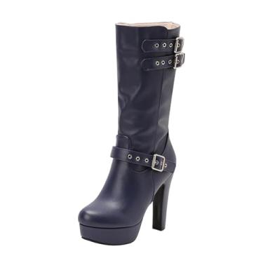 Imagem de Botas femininas de cano médio com fivela de cinto e plataforma impermeável outono inverno casual confortável salto alto grosso 12 cm, Azul-royal escuro, 36