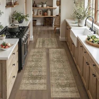 Imagem de WondRg Conjunto de 3 tapetes de cozinha vintage, verde e marrom, lavável para chão, antiderrapante, tapete de corredor de cozinha, macio, desgastado, para banheiro, lavanderia, corredor, pia, entrada
