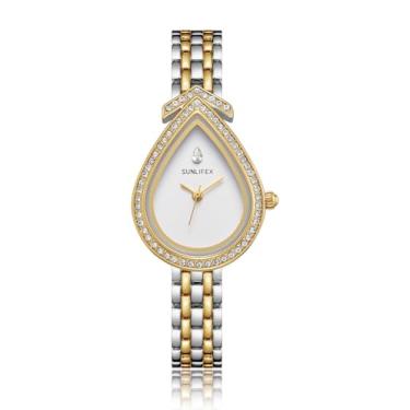 Imagem de Gosasa Relógio feminino de quartzo de cristal de lágrima, relógio elegante com pulseira de aço inoxidável, design de luxo em dois tons, mostrador de 2,5 cm, presente para mulheres, Dourado, branco