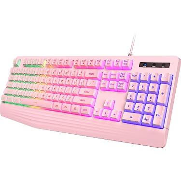 Imagem de Teclado cremoso rosa, retroiluminado por LED arco-íris, teclado para jogos com iluminação silenciosa de 104 teclas com descanso de pulso, teclado PBT antifantasma, à prova d'água com fio USB para PC,