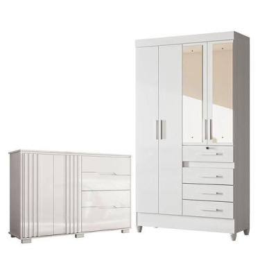 Imagem de Guarda Roupa Infantil Sobral com Espelho e Cômoda Texas Branco Brilho 