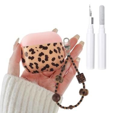 Imagem de inewateri Capa compatível com AirPods 4 com kit de limpeza fofo marrom leopardo estética design à prova de choque moda talão chaveiro capa para meninas mulheres - rosa