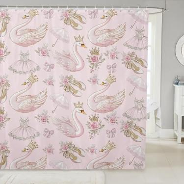 Imagem de Cortinas de chuveiro de cisne branco, tema de balé do lago dos cisnes, cortinas de banheiro rosa para adultos, coroa de princesa, laço romântico, flores, cortinas de banho à prova d'água para banheira