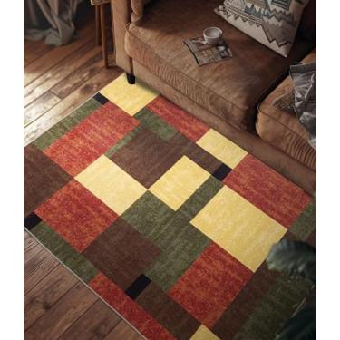 Imagem de YIHOUSE Tapete vermelho e verde 7 x 12 cm, bordô, vintage, lavável para sala de estar, laranja queimado, antiderrapante, geométrico, boêmio, para cozinha, sala de jantar, quarto