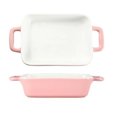 Imagem de Caçarola Minimalista Cerâmica Dupla Alça Assadeira Retangular Utensílios de Mesa Domésticos Forno Micro-ondas Cozinha (Rosa)