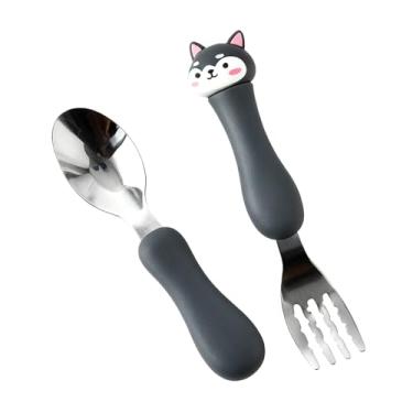 Imagem de Naroote Colher Garfo para bebê Conjunto de Aço Inoxidável Durável para Treinamento de Alimentação de Crianças, para Uso Doméstico ou Em Viagens (Husky【Preto】)