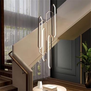 Imagem de Lustre moderno de LED para escada, grande, em formato de losango, em alumínio, com intensidade de luz ajustável e controle remoto, ideal para tetos altos em quartos e salas de jantar (B, 6 l