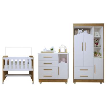 Imagem de Quarto de Bebe Completo 100 MDF com Guarda-Roupa, Comoda e Mini Berco Estelar Tigus Baby