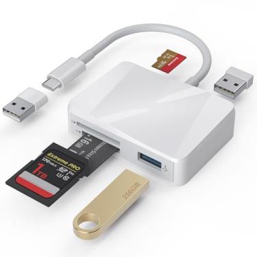 Imagem de Leitor de cartão SD, adaptador de cartão USB-C e USB 5 em 1 com SD/MicroSD/MS e duas portas USB-A leitor de cartão de memória para iPhone 17/16/15 Pro Max iPad MacBook Pro/Air M4/M3 Android telefone