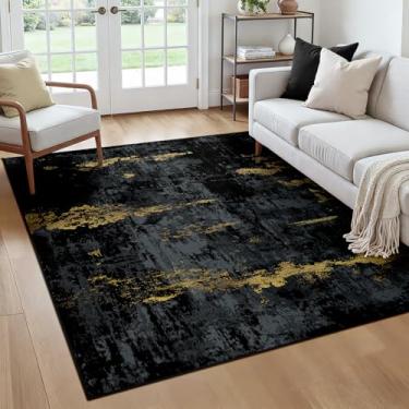 Imagem de RELEANY Tapetes laváveis quadrados de 1,8 m antiderrapantes modernos abstratos macios para sala de estar, entrada, quarto, berçário, padrão impresso, ouro preto escuro