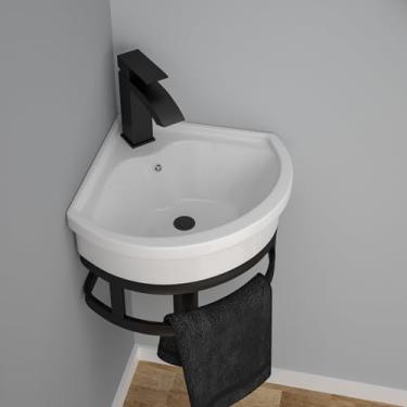 Imagem de Kichae Pia de vaso pequena pendurada na parede - 40,6 cm x 38,1 cm pia de canto de banheiro moderna flutuante banheiro porcelana branca pia de vaso de cerâmica com toalheiro