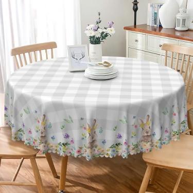 Imagem de TTQYFNM Toalha de mesa redonda de Páscoa, 177 cm, flores de primavera, búfalo, xadrez, coelho, toalha de mesa, tecido lavável e reutilizável, toalha de mesa circular para cozinha, ao ar livre
