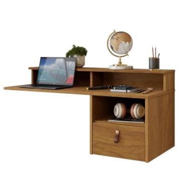 Imagem de Mesa Estudo Suspensa Escrivaninha Parede Home Office Notebook Gaveta Couro Escritório Quarto Móveis(AMADEIRADO)