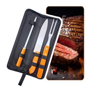 Imagem de Kit Churrasco Barbecue 4 Peças com Chaira Faca Garfo e Estojo Completo