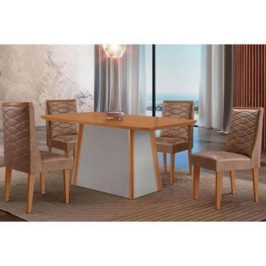 Imagem de Mesa Cozinha Tilia c/ Tampo Madeirado Canto Curvo 120x80cm e 4 Cadeiras Dafne Madeira Maciça Naturale/Off White - Capuccino/Corano Capuccino-Rufato