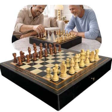 Imagem de Jogo de Xadrez Magnético em Madeira com Gavetas – Tabuleiro Luxo Premium Portátil, Peças Imantadas, Armazenamento Integrado, Profissional e Decorativo