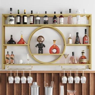 Imagem de Rack de vinho de metal de 3 camadas montado na parede suporte de exibição de ferro moderno suporte de vinho unidade de barra de garrafa de vinho de metal prateleiras flutuantes com luz LED prateleira