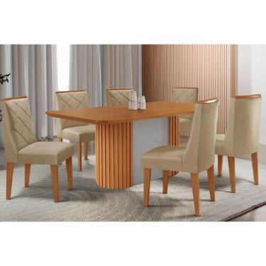 Imagem de Mesa Cozinha Pilar c/ Tampo Madeirado Canto Curvo 180x90cm e 6 Cadeiras Pietá Madeira Maciça Naturale/Off White - Capuccino/Linho Bege-Rufato