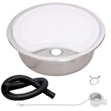 Imagem de HWhongRV Pia de caravana para trailers com tábua de corte, conjunto de lavatório de aço inoxidável redondo de 35 cm de aço inoxidável, lavatório de mão, pequeno para trailer, cozinha, trailer, trailer