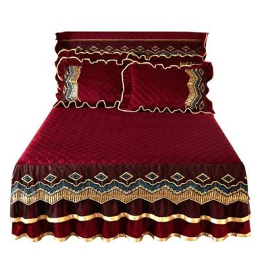 Imagem de THJKUPO Capa de cama de ar condicionado lavável na máquina engrossada com conjunto de cama de três peças e saia de cama lavável durante todo o ano (180 cm x 200 cm)