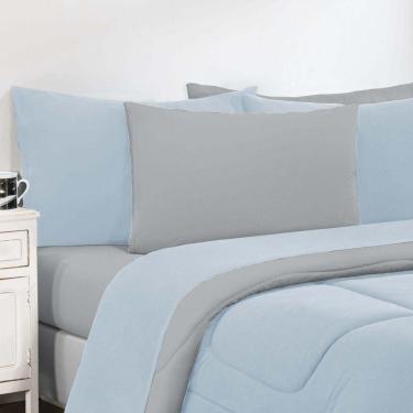 Imagem de Kit Edredom + Jogo De Lençol 100% Algodão Gran Moratta 5 Peças Solteiro Azul Bebê-cinza