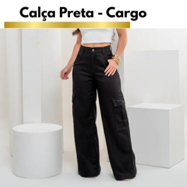 Imagem de Calça Pantalona Wide Leg Cargo Preta Feminina com lycra - - Q'chick je