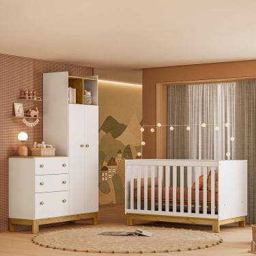 Imagem de Quarto de Bebê com Berço Slim e Guarda Roupa com Cômoda Flora Branco Acetinado Qmovi