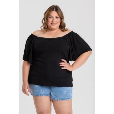 Imagem de Blusa Plus Size Ombro a Ombro Detalhe Renda Decote - Serena, Preto, G3