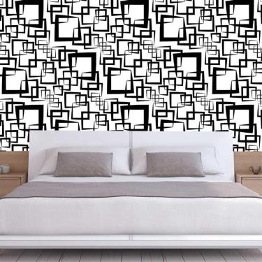Imagem de Papel De Parede Branco E Quadrados Preto Geométrico Adesivo