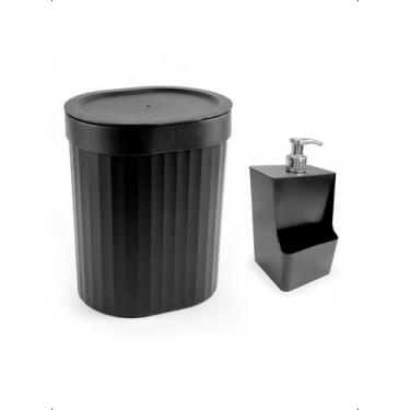 Imagem de Kit Cozinha 2 Pçs Lixeira Cozinha Porta Detergente Dispenser - Preto -
