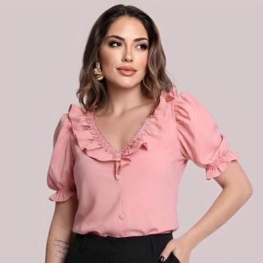 Imagem de Blusa Feminina Social Manga Curta Bufante com Gola V Babado - G-Store,
