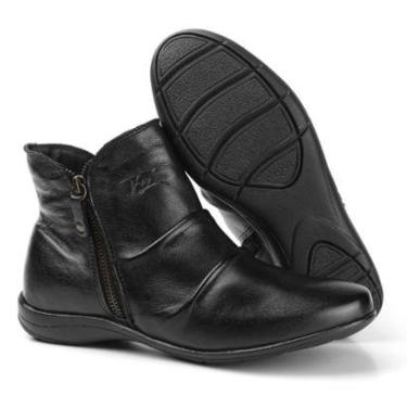 Imagem de Bota Casual Couro Feminina Solado Rasteiro Cano Curto Zíper Lateral Detalhe Dobra Preta...