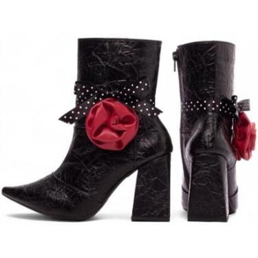 Imagem de Bota Cano Médio Bico Fino Salto Alto Grosso Bloco Feminina 12 cm Vintage Preta Torricella-Feminino