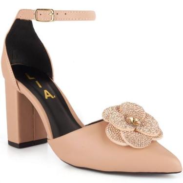 Imagem de Scarpin Feminino Salto Bloco Bico Fino Flor Pedraria Social Confortáve