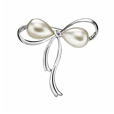 Imagem de Broche feminino com laço e strass e pérolas de inmitação para mulheres, clipes de xale, broche de pérolas sintéticas para mulheres, acessórios de bijuteria (cor metálica: dourada)