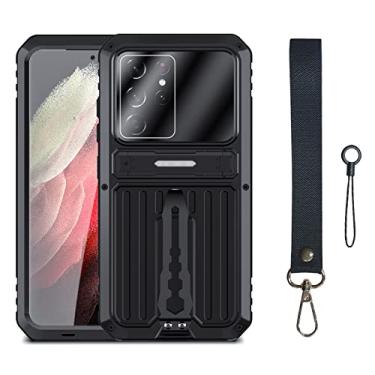 Imagem de Capa para Samsung Galaxy S22/S22+/S22 Ultra, capa de proteção contra quedas de nível militar com suporte e protetor de tela à prova de choque capa de proteção total, preta, S22 Ultra 17,8 cm