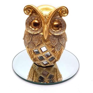 Imagem de Kit Estátua Coruja da Sabedoria Bandeja Espelhada Decoração