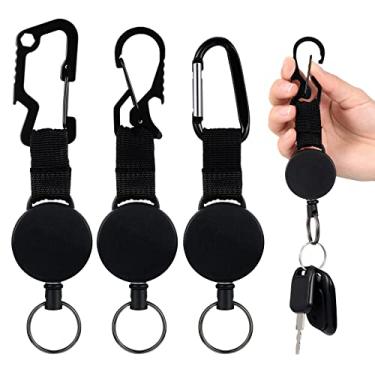 Imagem de Chaveiro retrátil 3 peças porta-chaves retrátil resistente multiferramenta suporte de crachá retrátil clipe de chaveiro de liberação rápida porta-chaves cartão de nome chaveiro carretel de crachá com cabo de aço, preto